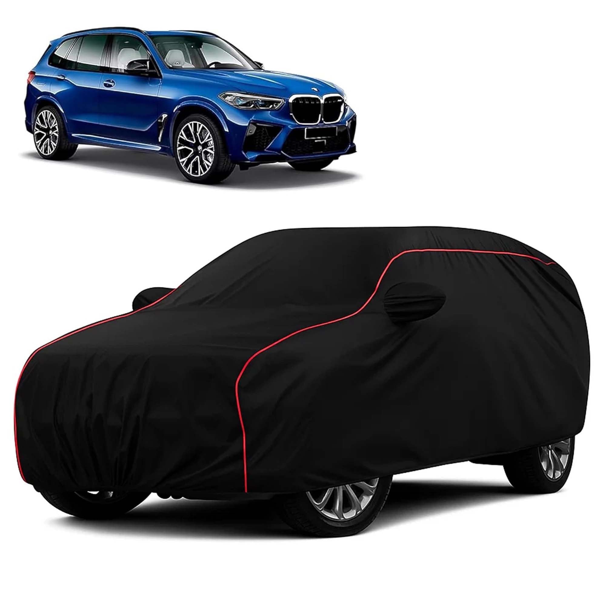 Sulfar 100% Water Resistant Car Body Cover Compatible with Mirror for BMW X5M (Triple Stitched, Full Bottom Elastic, Black with Red Piping)