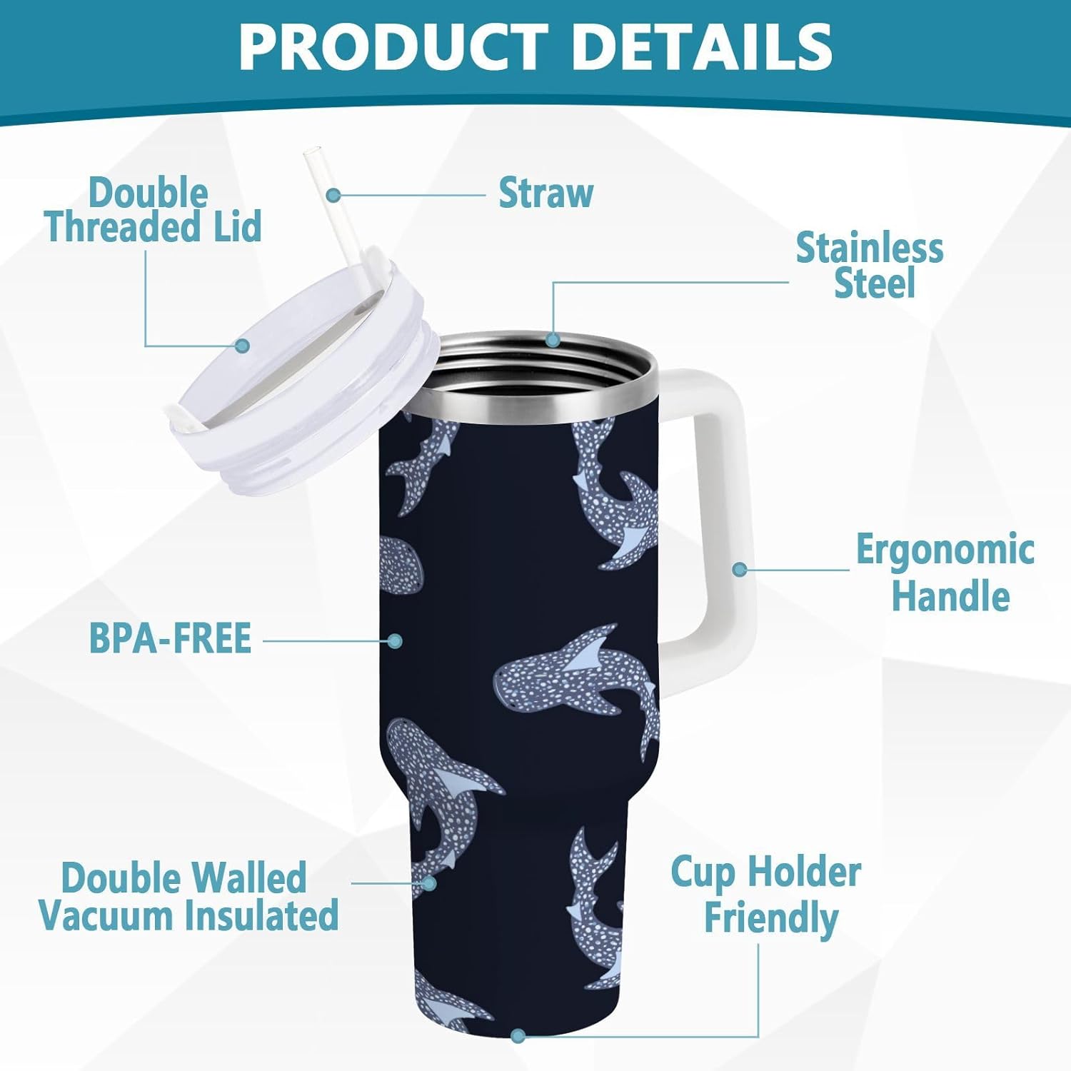 Boccsty Dark Whale Sharks Insulated Tumblers Reusable Stainless Steel Tumbler 30 oz Cup Coffee Travel Mug Water Bottle with Handle & Flip Straw for Home Office Car - Image 4
