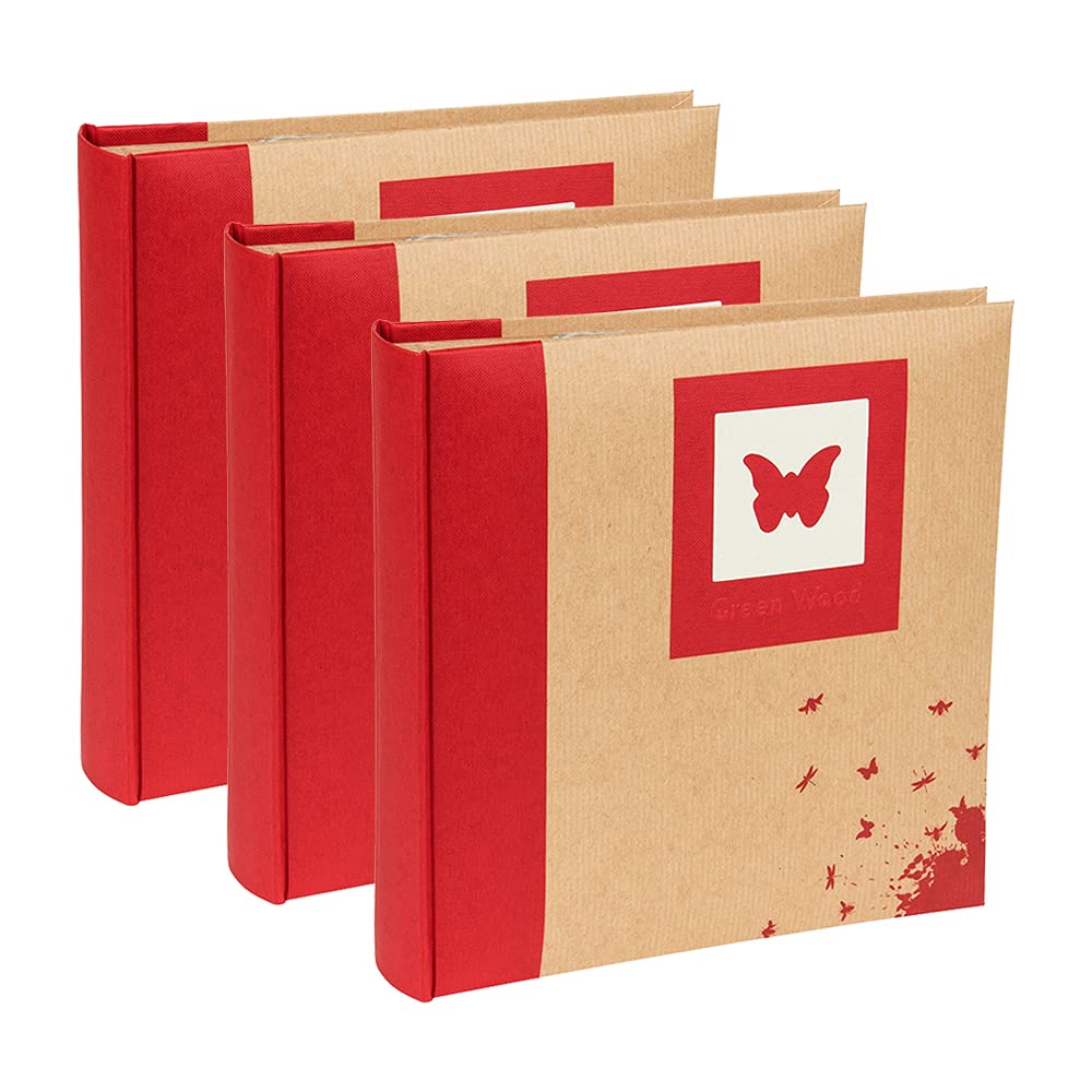 Kenro White Box Of 3 Green Wood Red Butterfly Photo Album With Kraft Paper Cover For 200 Photos 7X5 Inch/13X18cm Family Photograph Album - Grw007rd
