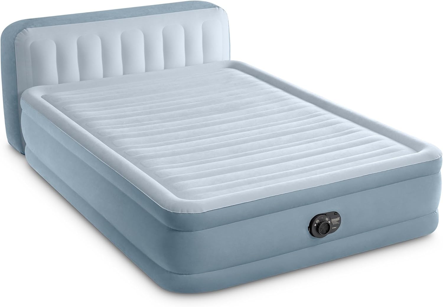 Intex 64449ED Dura-Beam Deluxe Plush Air Mattress with Headboard: Fiber-Tech – Queen Size – Built-in Electric Pump – 18in Bed Height – 600lb Weight Capacity