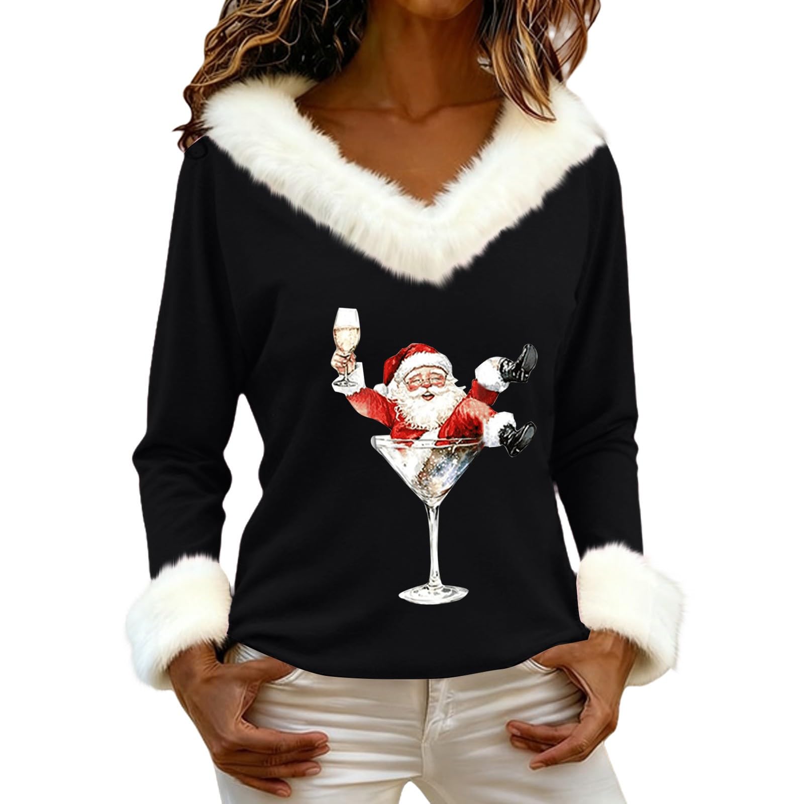 Christmas Sweatshirts for Women Furry Fur Trim Collar Cuffs Ugly Christmas Wine Glass Santa Graphic V Neck Sweater
