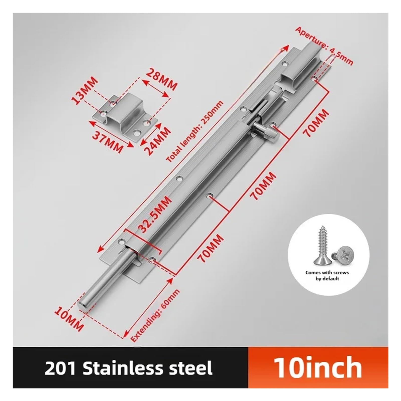 Loquet Porte Boulon de porte sécurité en acier inoxydable 201/304, boulon baril verrouillage 2/3/4/6/8/10/12 pouces, quincaillerie for domestique(201-10 inch)