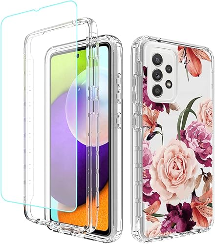 Miniatura 1 de Funda para Galaxy A52 5G/Galaxy A52S SM-A526 con protector de pantalla de vidrio templado, cuerpo completo, diseño floral, a prueba de golpes, funda