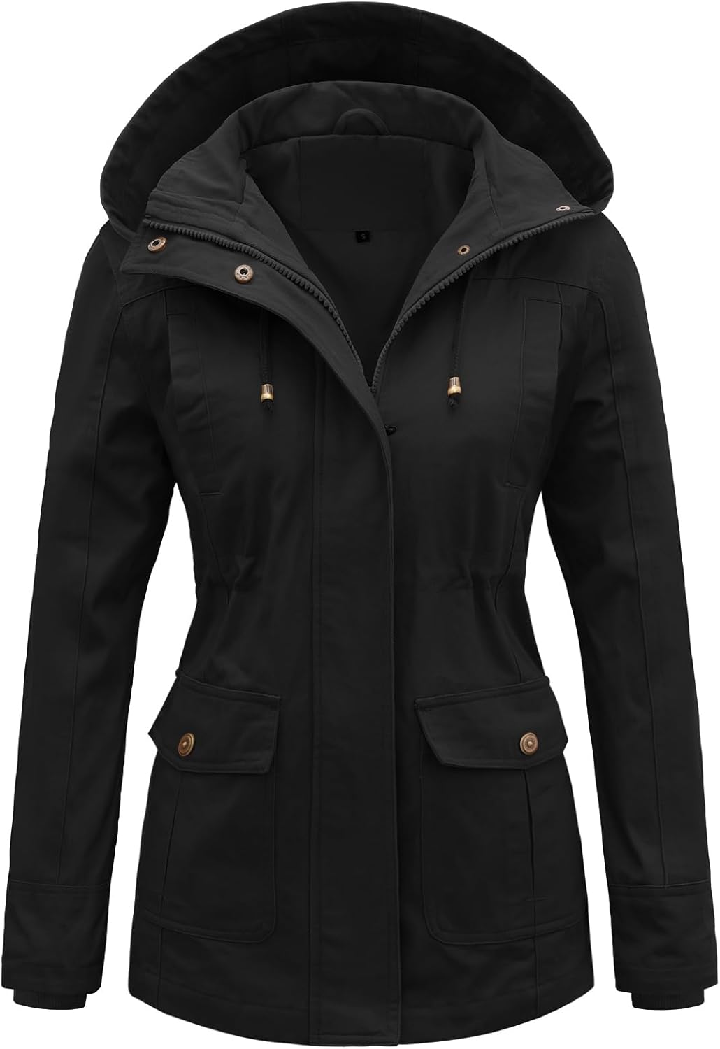 Tuopuda Lange jas voor dames, winterkleding met capuchon, fleece, tussenseizoen, regenjas met ritssluiting, Zwart, S
