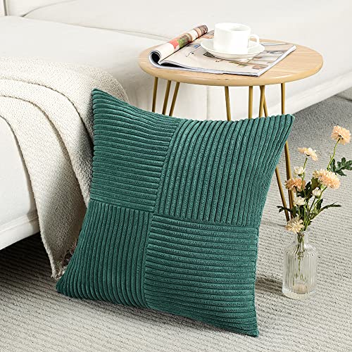 Image of Fancy Homi 2 Packs Teal Samll Decorative Throw Pillow Covers 12x12 Inch with for Couch Bed Sofa, Rustic Farmhouse Boho Home Decor, Soft Corss Patchwork Corduroy Square Cushion Case 30x30 cm