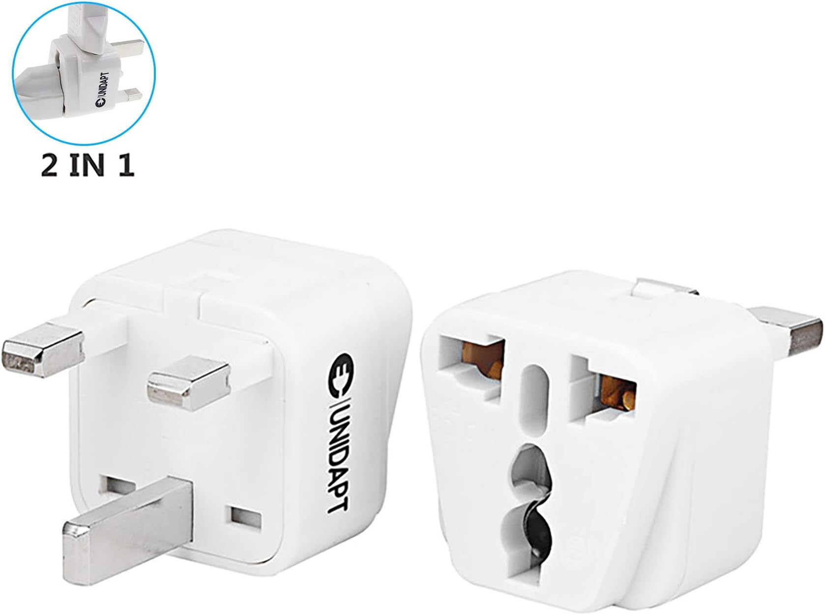 US USA to UK Plug Adapter - Unidapt UK Power Adapter, EU/World to UK Dubai Hong Kong Ireland Scotland Outlet Power Plug Adapters - Charge 2 Devices at Once, Two in One Input - Type G (Pack of 2 UK)