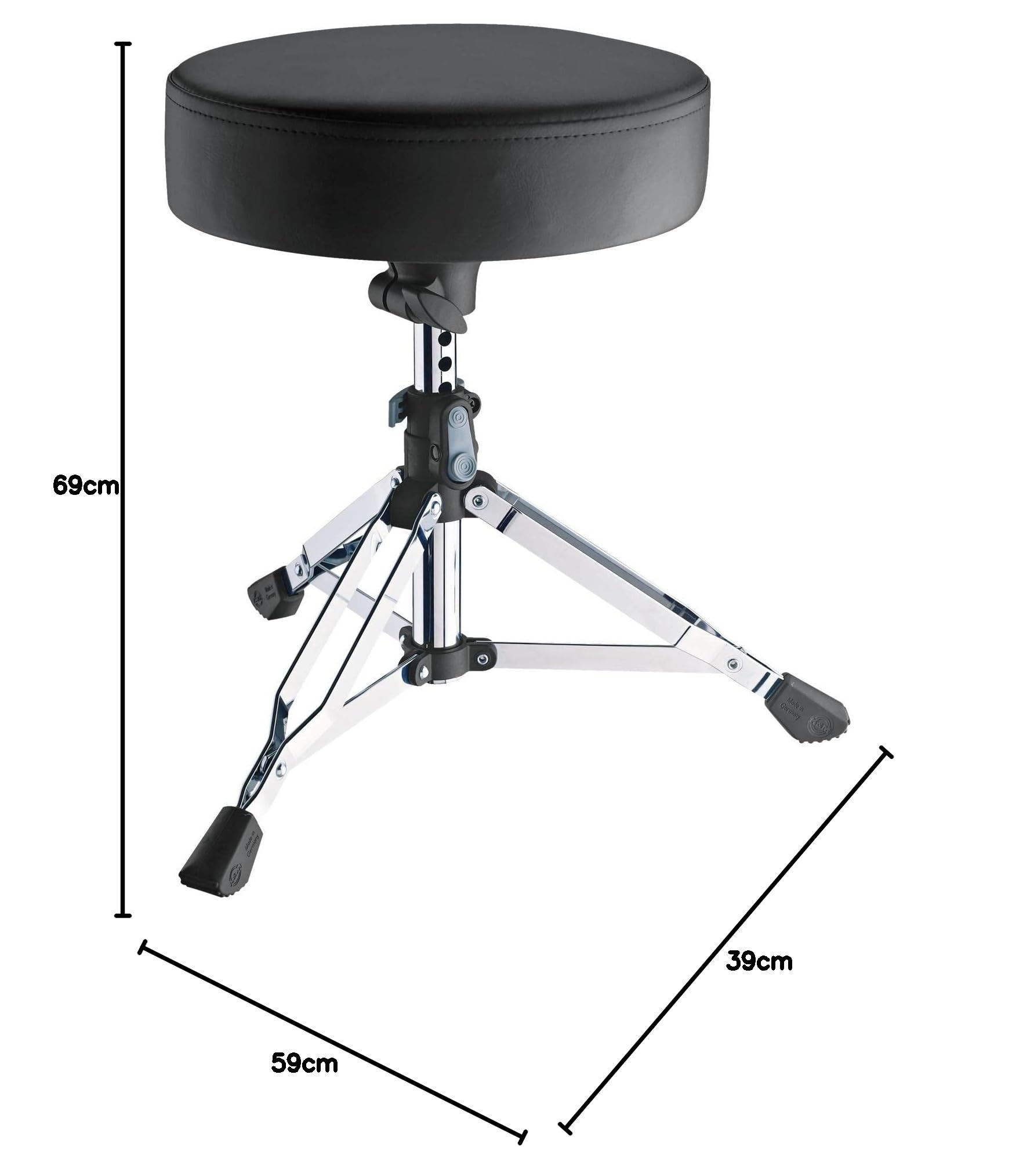 K&M 14010 Sgabello per batteria Piccolino Nero, rotondo - acciaio e similpelle - sgabello per batteira basso, regolabile in altezza