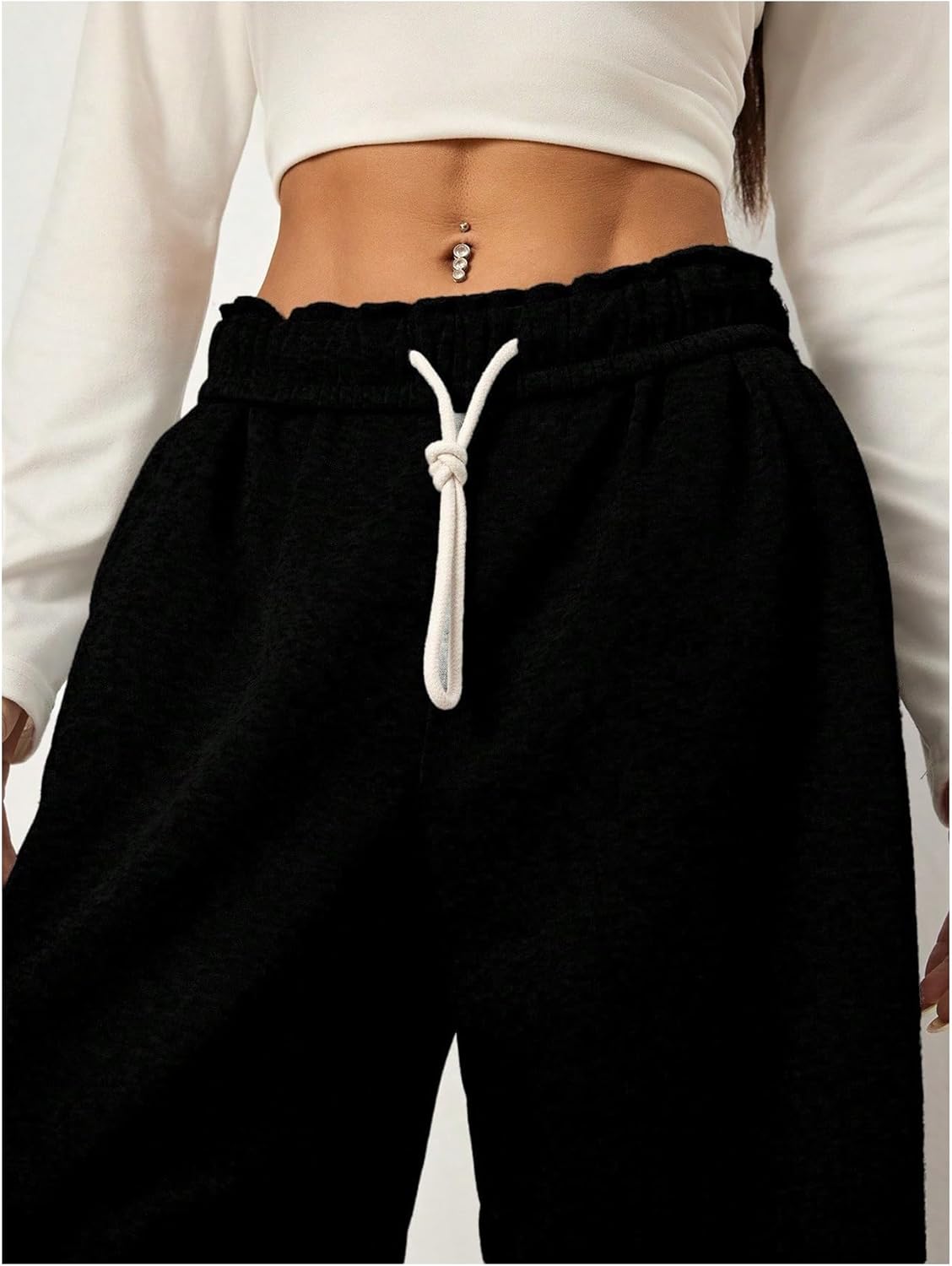 Women's Foldover Drawstring High Waisted Sweatpants Wide Leg Split Baggy Workout Trousers Pants - Image 4