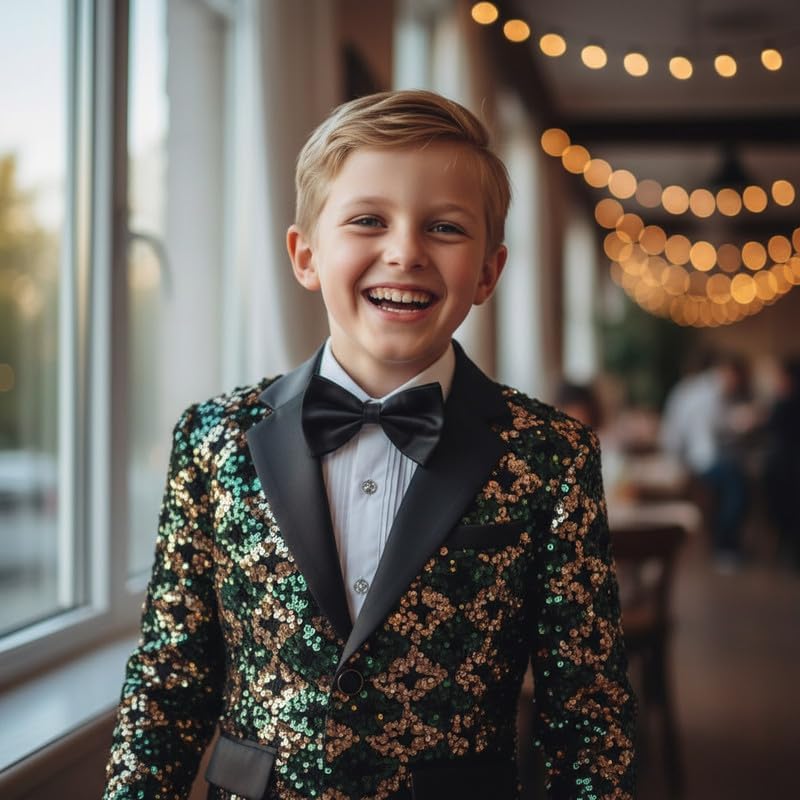 Boys' Green Gold Sequin Blazer Sparkly with Flap Pocket Bow Tie for Formal Stage Performance