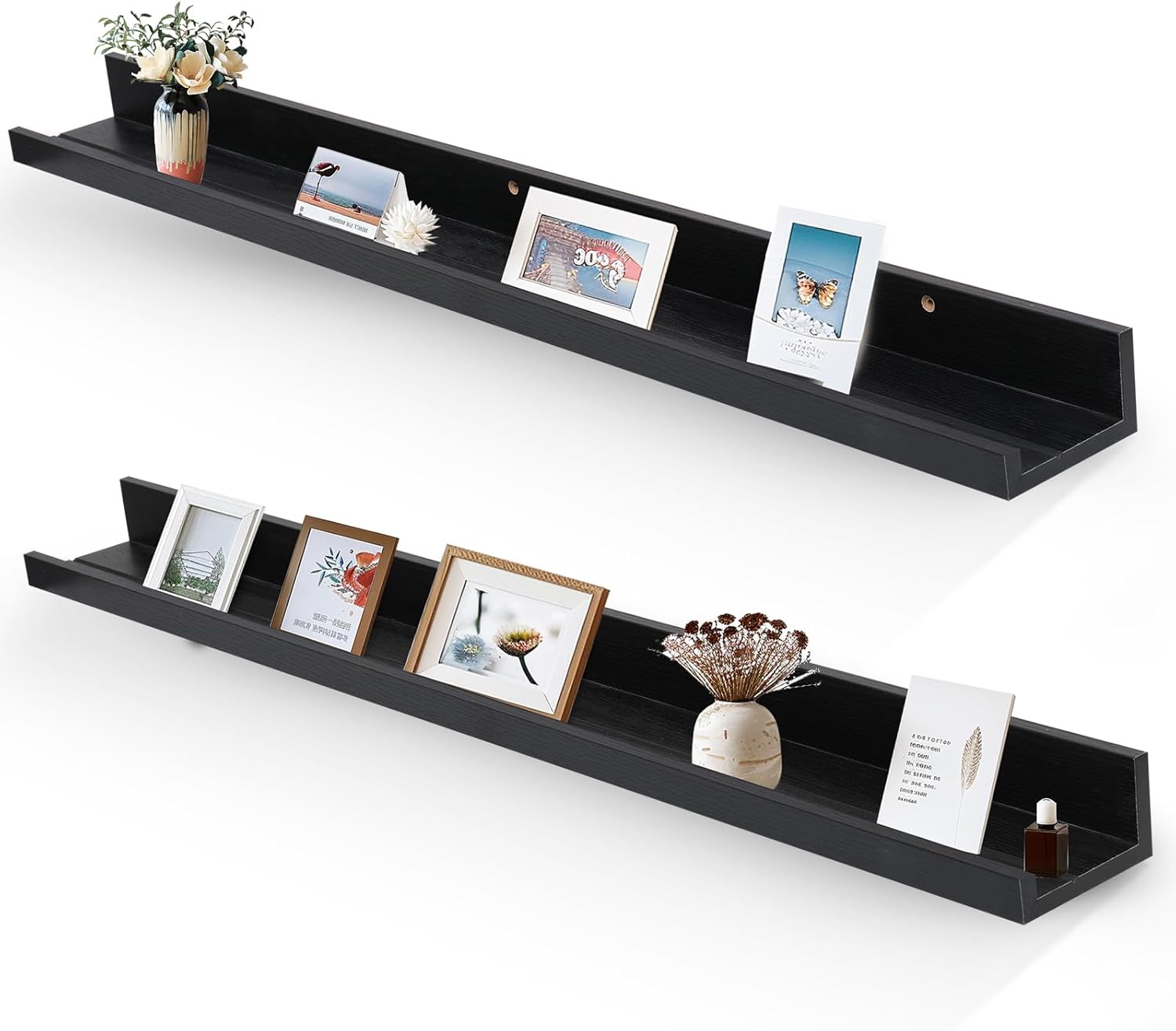 Muzilife 45.3" Large Floating Wall Ledge Shelves with Lip - Set of 2 Wood Floating Shelves - Black Wall Mounted Picture Ledge for Office, Bathroom, Bedroom, Living Room, Kitchen Black 45.3"