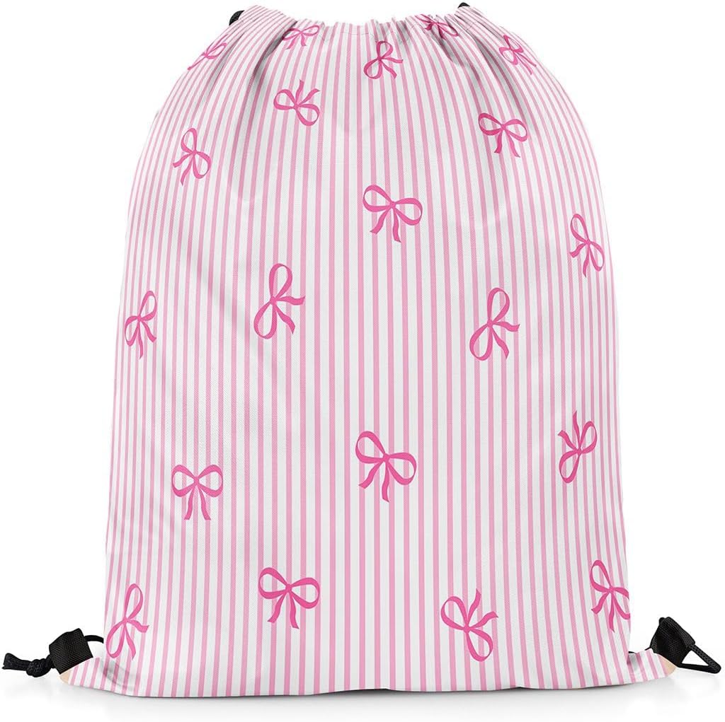 Castle Fairy Bow Drawstring Backpack Bag,Pink Bowknot Stripes String Bag Sackpack,Sweet Princess Style Water Resistant Backpack for Gym Shopping Sport Yoga