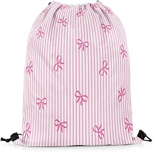 Castle Fairy Bow Drawstring Backpack Bag,Pink Bowknot Stripes String Bag Sackpack,Sweet Princess Style Water Resistant Backpack for Gym Shopping Sport Yoga