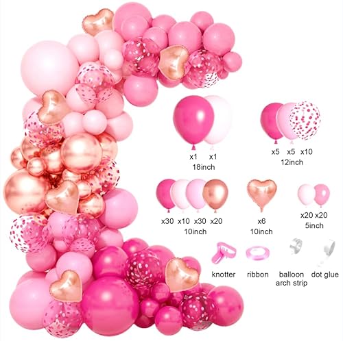 Amandir 162Pcs Pink Balloon Garland Arch Kit Hot Pink Rose Gold Confetti Metallic Heart Balloons For Minie Barbi Princess Party Decorations Girl Birthday Bridal Shower Wedding Supplies #TOP2