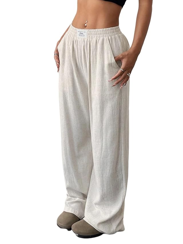 ZAFUL Womens Wide Leg Casual Pants Linen Letter Printed Straight Leg Solid Color Loose Trousers with Pockets