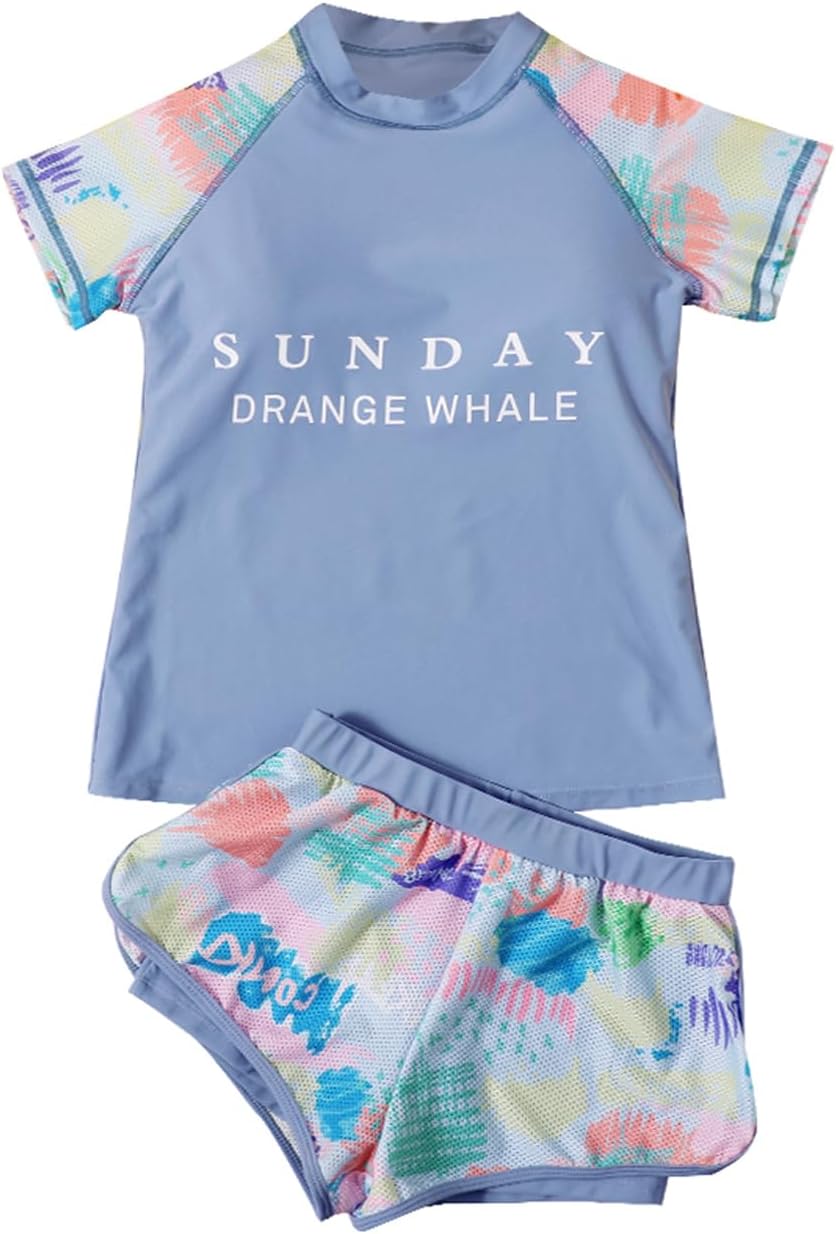 Girls Short Sleeve Rash Guard Sets Swimsuits Two-Piece Beach Swimwear Quick Dry Bathing Suits UPF 50+ 8-16 Years