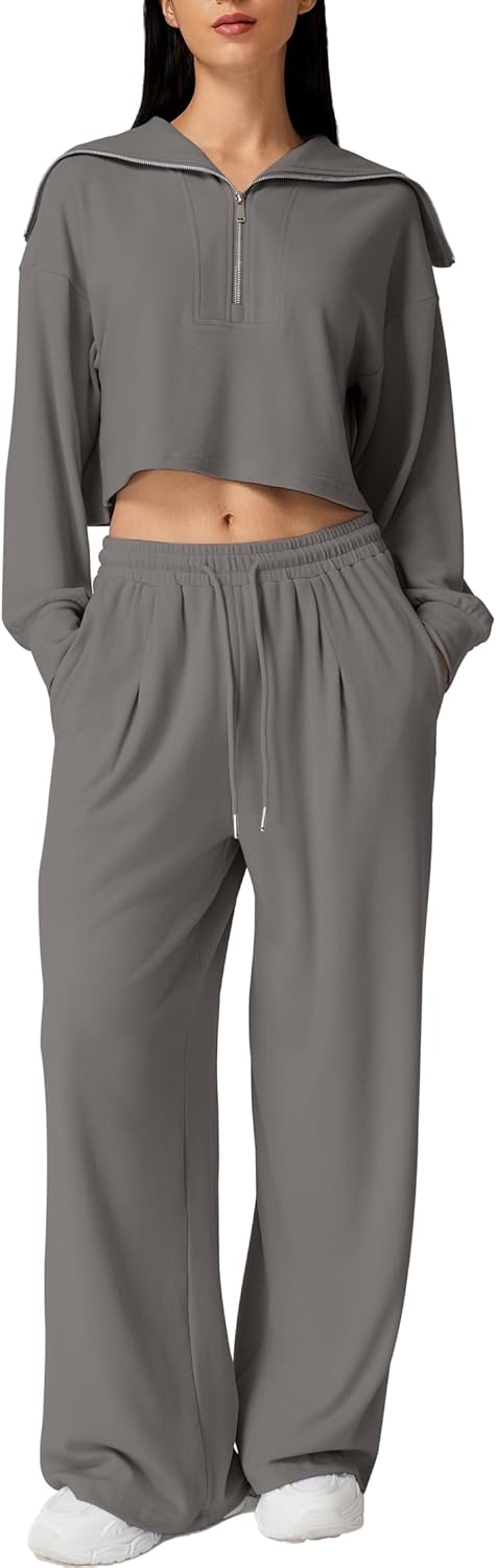 QINSEN Women Cozy 2 Piece Lounge Matching Set Wide Leg Sweatpants Half Zip Crop Sweatshirt Outfits