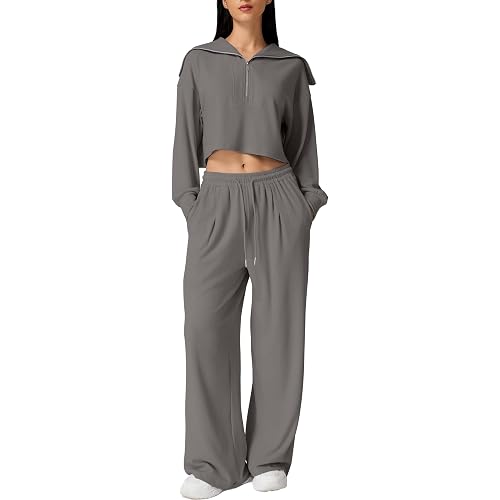 QINSEN Women Cozy 2 Piece Lounge Matching Set Wide Leg Sweatpants Half Zip Crop Sweatshirt Outfits