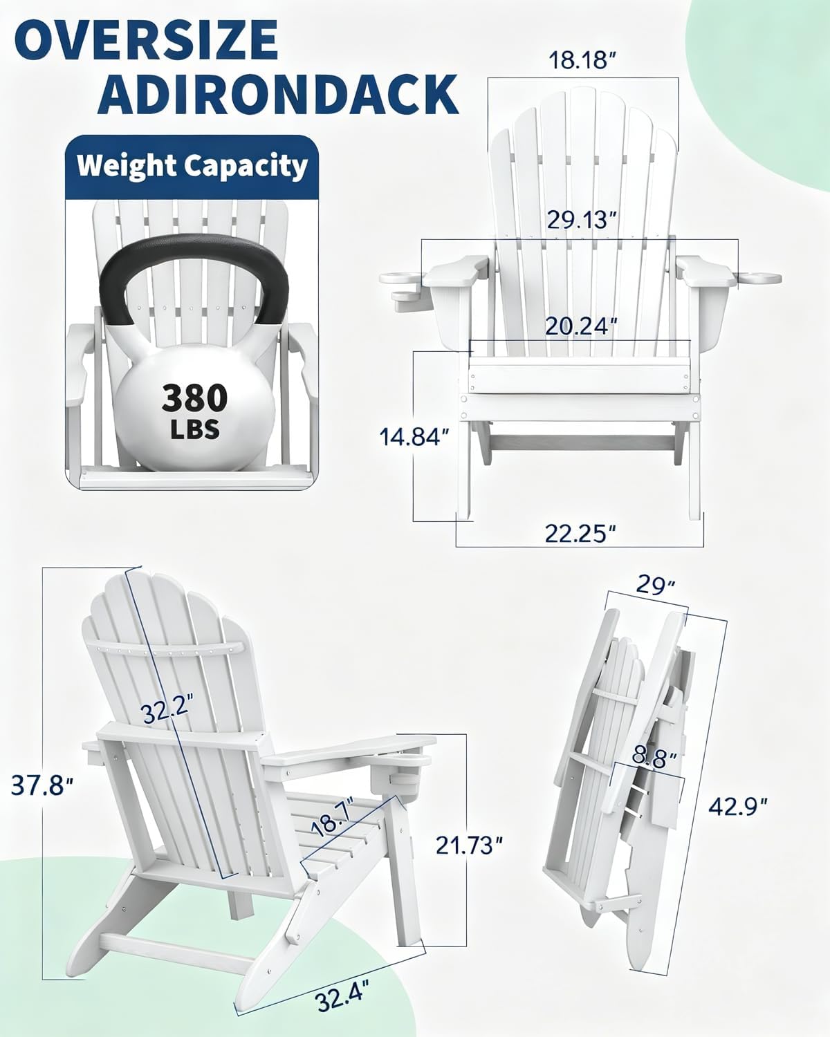 Oversized Folding Adirondack Chair, HDPE All-Weather Patio Chair with 2 Cup Holders, High Back Wide Seat Fire Pit Chair for Outdoor Lawn Garden, White thumbnail