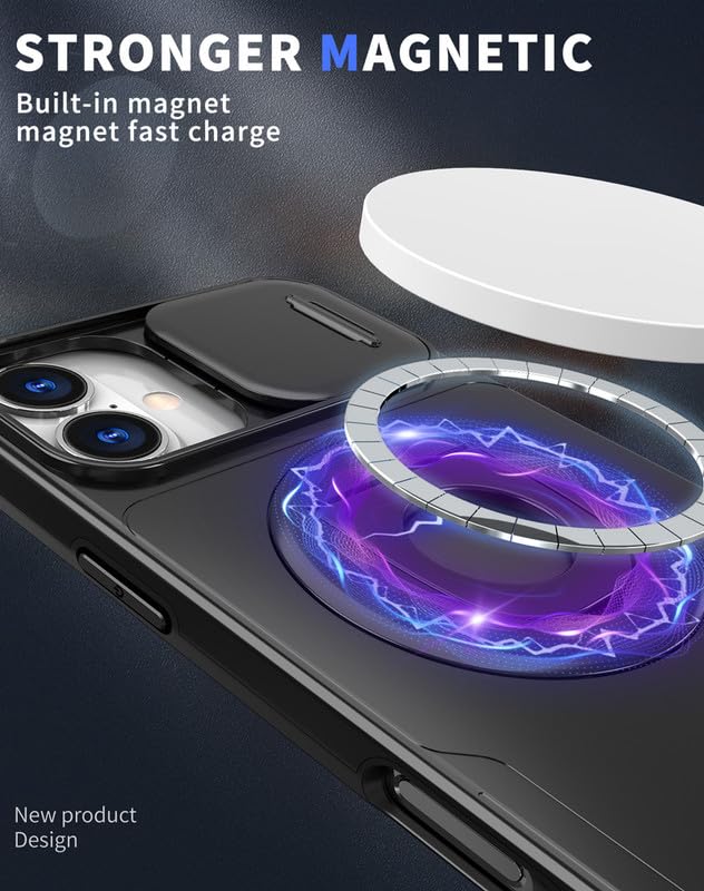 Image of LuxuryKase MagSafe Shockproof Rugged Back Case for iPhone 16 | Finger Ring Kickstand & Sliding Camera Cover | Military Drop Protection | Wireless Charging Support - Black