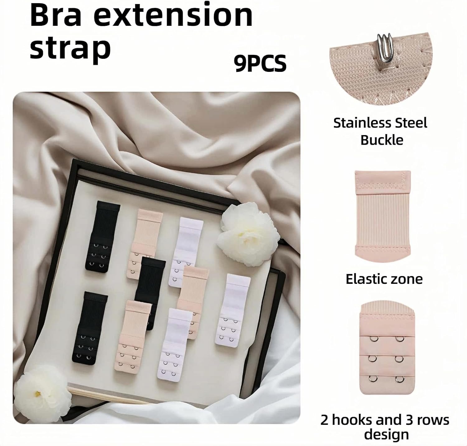 9 Pcs Bra Extender 2 Hook 3 Row, Soft Cotton Bra Band Extenders for Women, 3-Pack in White Beige Black, Adjustable Strap Extension for Pregnancy, Weight Fluctuations & Comfort - Image 7
