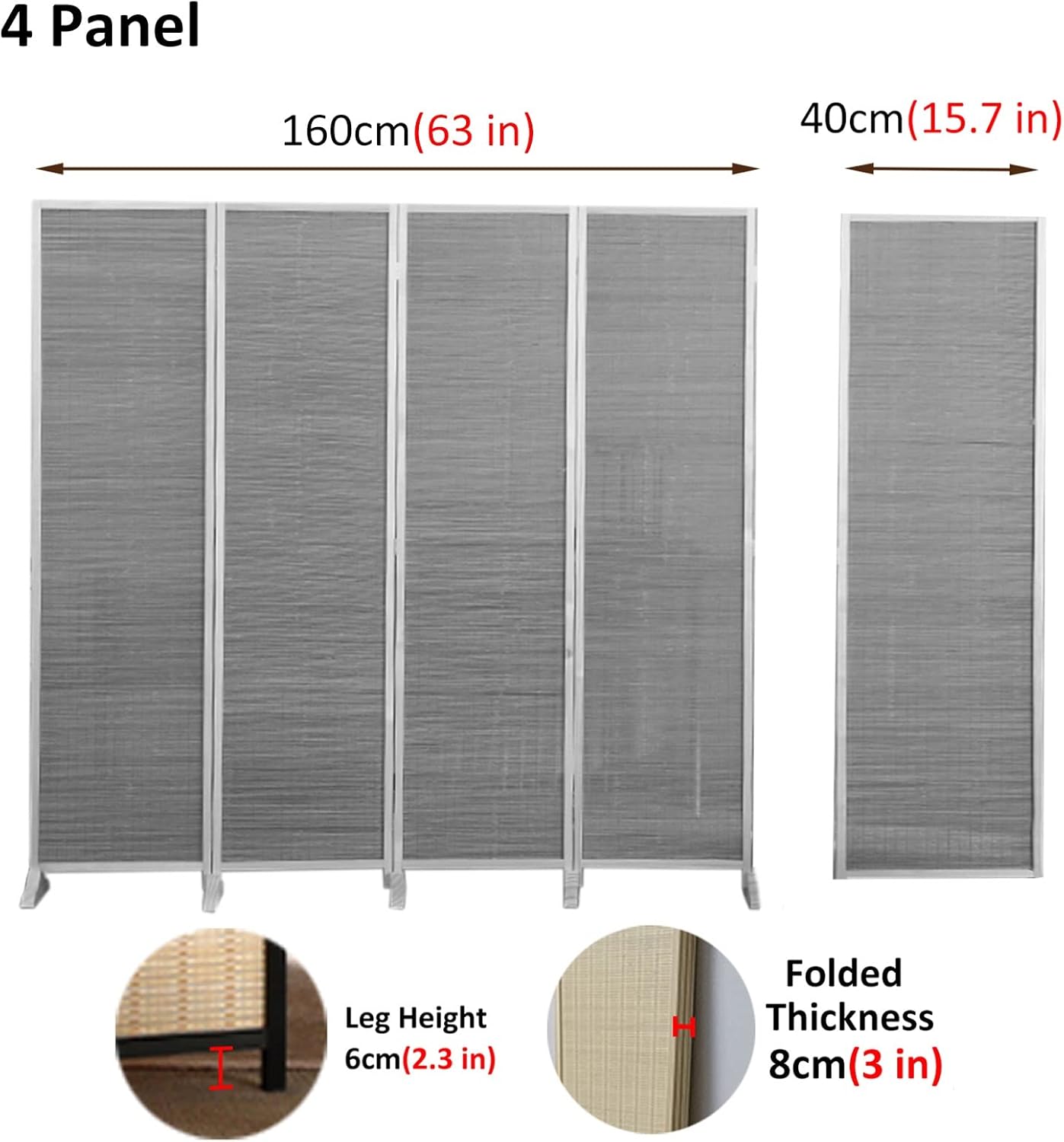 76" 70" 66" 60" 50" Divider Screens Free Standing 3 4 5 6 8 Panel, Foldable Room Partition Privacy Wall for Office Rooms, Studio Apartment and Basement (Color : 4 Panel, Size : T