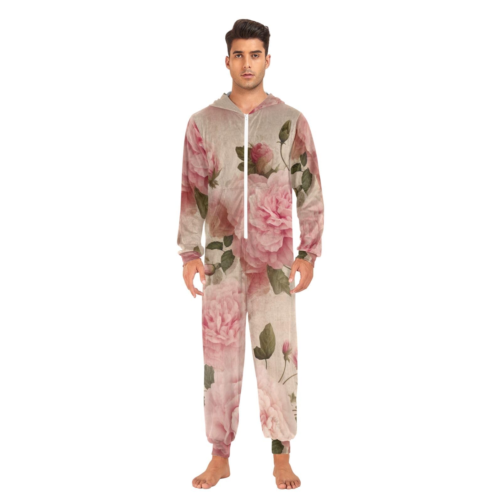 Pigiama intero in pile per adulti con fiori di peonia rosa per donne e uomini con cappuccio e cerniera morbida abbigliamento natalizio