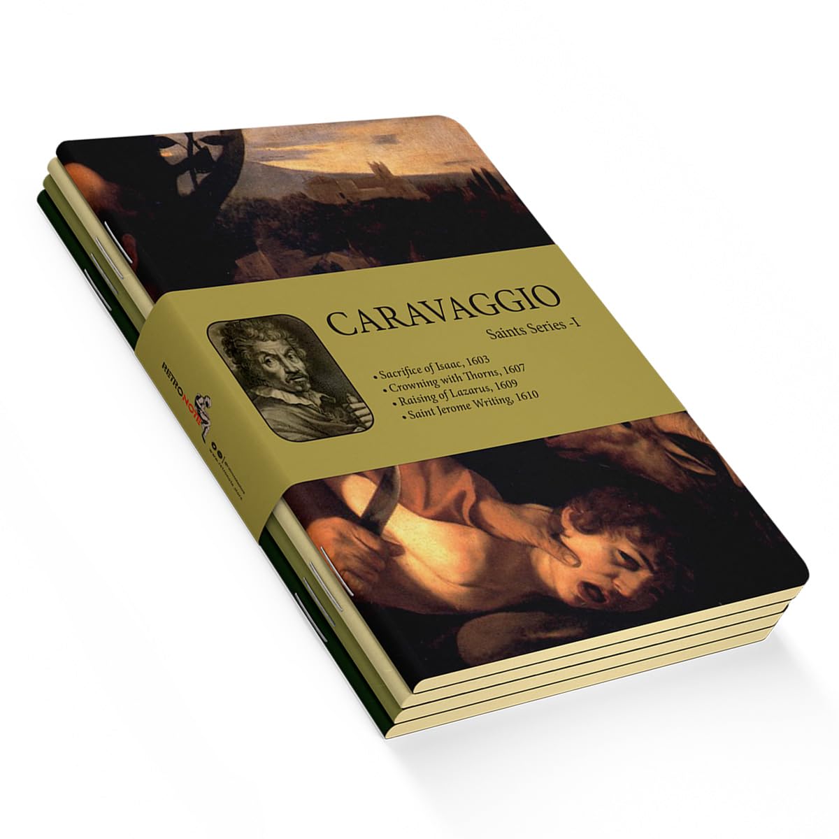 Retronote Saint Series I - A5, Caravaggio Set of 4 III, Unlined, Total 256 Pages, 64 Pages, Wire Stitching, Flexible Cover, Oval Edge, Canvas Texture, 60 grams, Yellow Cream Colour