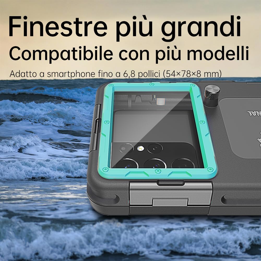 Custodia Impermeabile Subacquea Professionale IP68 15M - Compatibile con iPhone, Samsung, Huawei, Xiaomi - Fino a 6,9 Pollici - Per Immersioni, Snorkeling, Surf e Nuoto (nero/blu-verde)