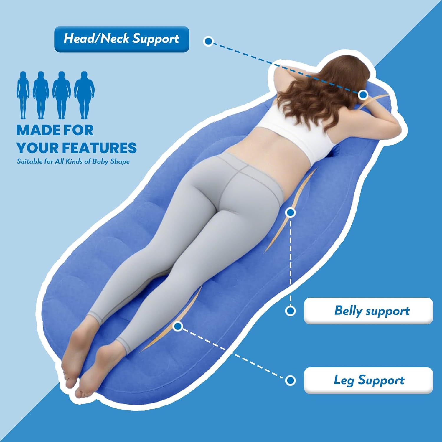 Inflatable Full Body Pregnancy Pillow with Belly Hole for Comfort, Maternity Airbed for Sleeping and Prone Support, Portable and Adjustable, Includes Air Pump (Blue)