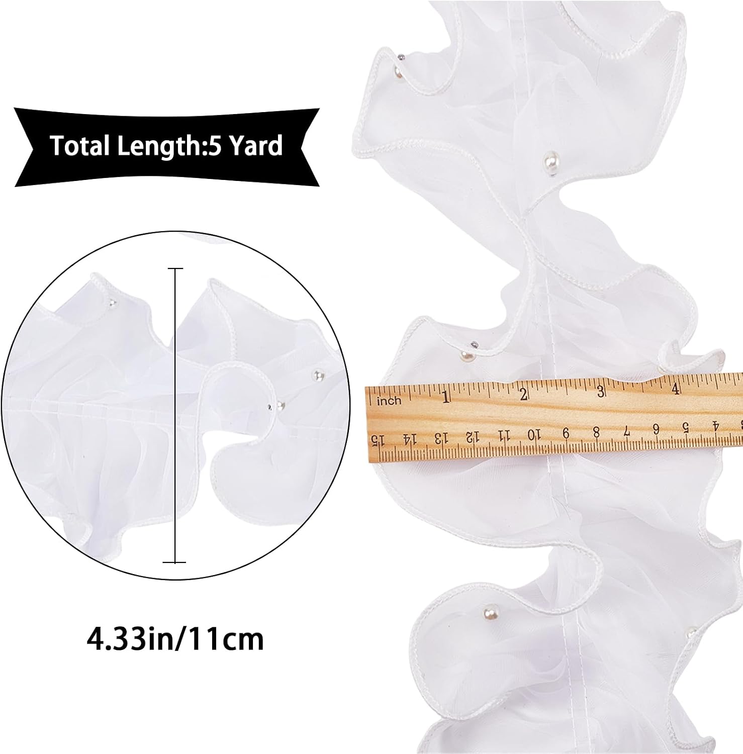GORGECRAFT 5 Yards White Pleated Organza Gathered Beading Trimmings Ruffle Trim Ribbon 4-3/8" Chiffon Beads Lace Edge Trim Ruffled Ribbon Fabric Garment Accessories for Sewing Craft Wedding Dress