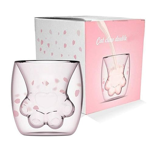 Cute Cat Cups Double Wall Insulated Glass Coffee Mugs, Adorable Pink Sakura Cup, 3D Cat Foot Tea Cups, Gifts Cup for Girls & Woman, Perfect for Birthday Christmas Valentines Holiday, Cat Lover Decor - cat paw mug