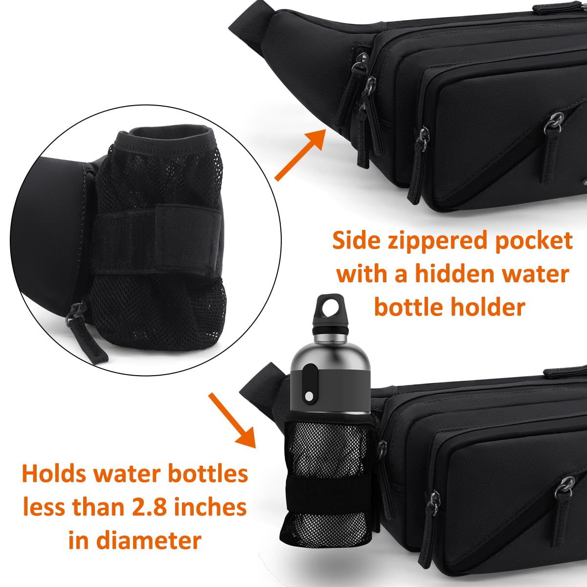 REETEE Bauchtasche Damen und Herren Wasserabweisende Gürteltasche mit Flaschenhalter, Mehrere Fächer Hüfttasche Sport für Reise Wandern Hundetraining Outdoor-Aktivitäten (schwarz)