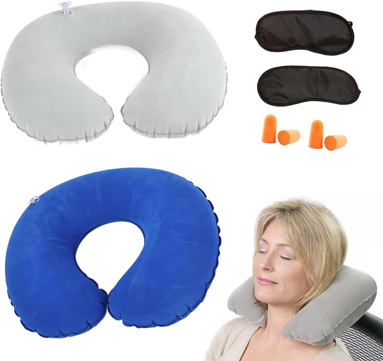 ABinCHAOBang Lot de 2 oreillers de voyage gonflables, coussin de soutien du cou compact pour adultes et enfants, oreiller de voyage pliable/portable pour avion, train, voiture et bureau (bleu, gris)