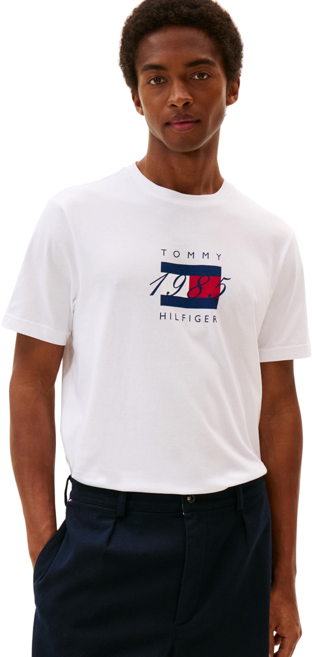 Tommy Hilfiger Uomo T-​Shirt Maniche Corte Linear Flag Graphic Regular Fit, Bianco (White), XXL