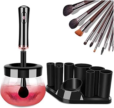 Makeup Brush Cleaner and Dryer Machine, Electric Cosmetic Automatic Brush Spinner with 8 Size Rubber Collars, Wash and Dry in Seconds, Deep Cosmetic Brush Spinner,Black
