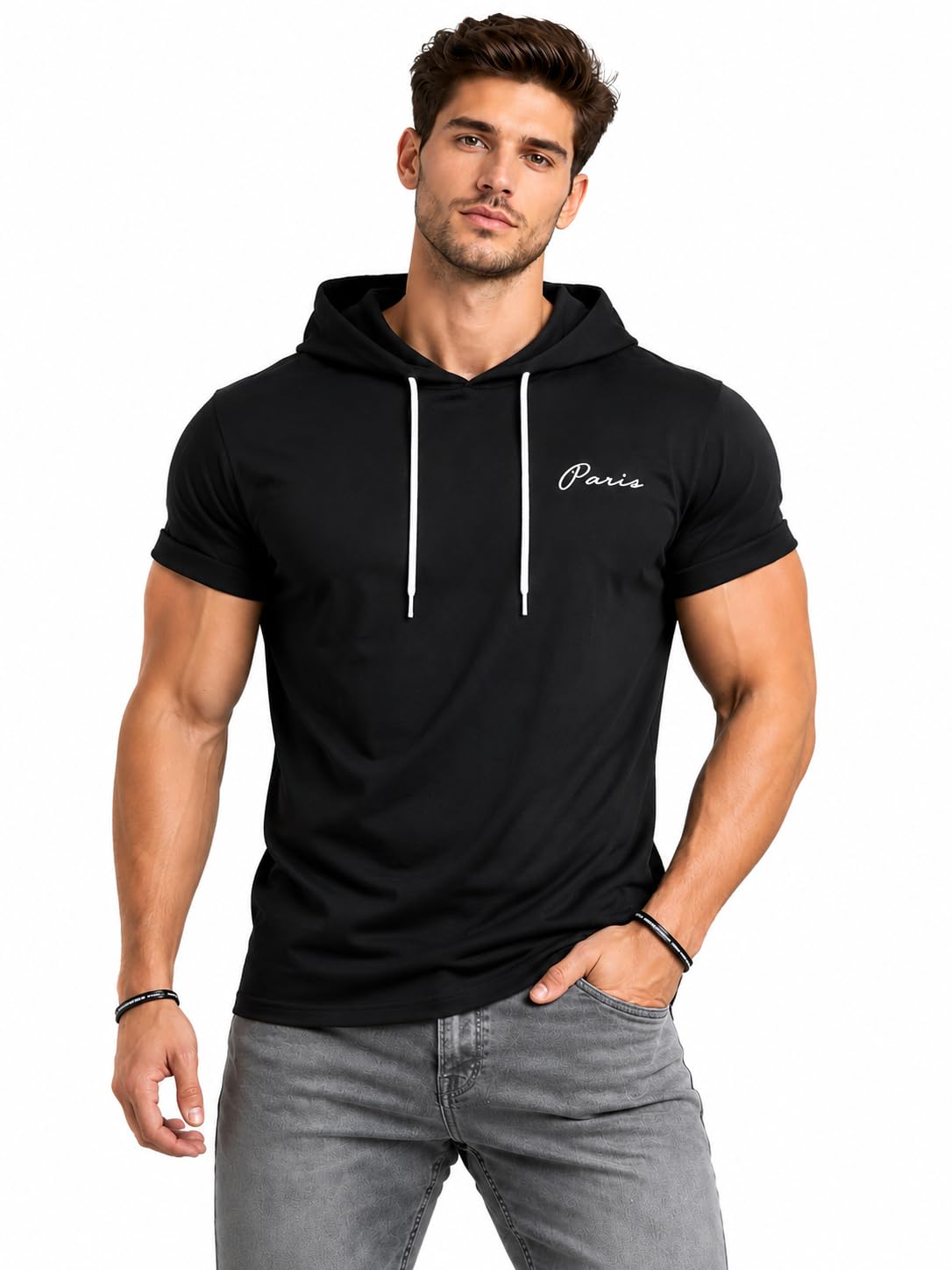 Men's Hooded T-Shirt, Black, Cotton Blend, Half Sleeve, Muscle Fit, Gym and Fitness Wear with Drawstring Hood-picture-13
