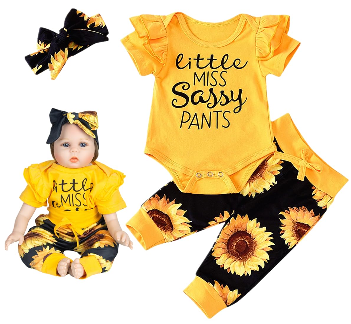 Pedolltree Fashion Reborn Baby Dolls Clothes 22 Inch Girl Yellow Sunflower Outfits Accesories 3 Pcs Set for 22-23inch Reborn Dolls Newborn