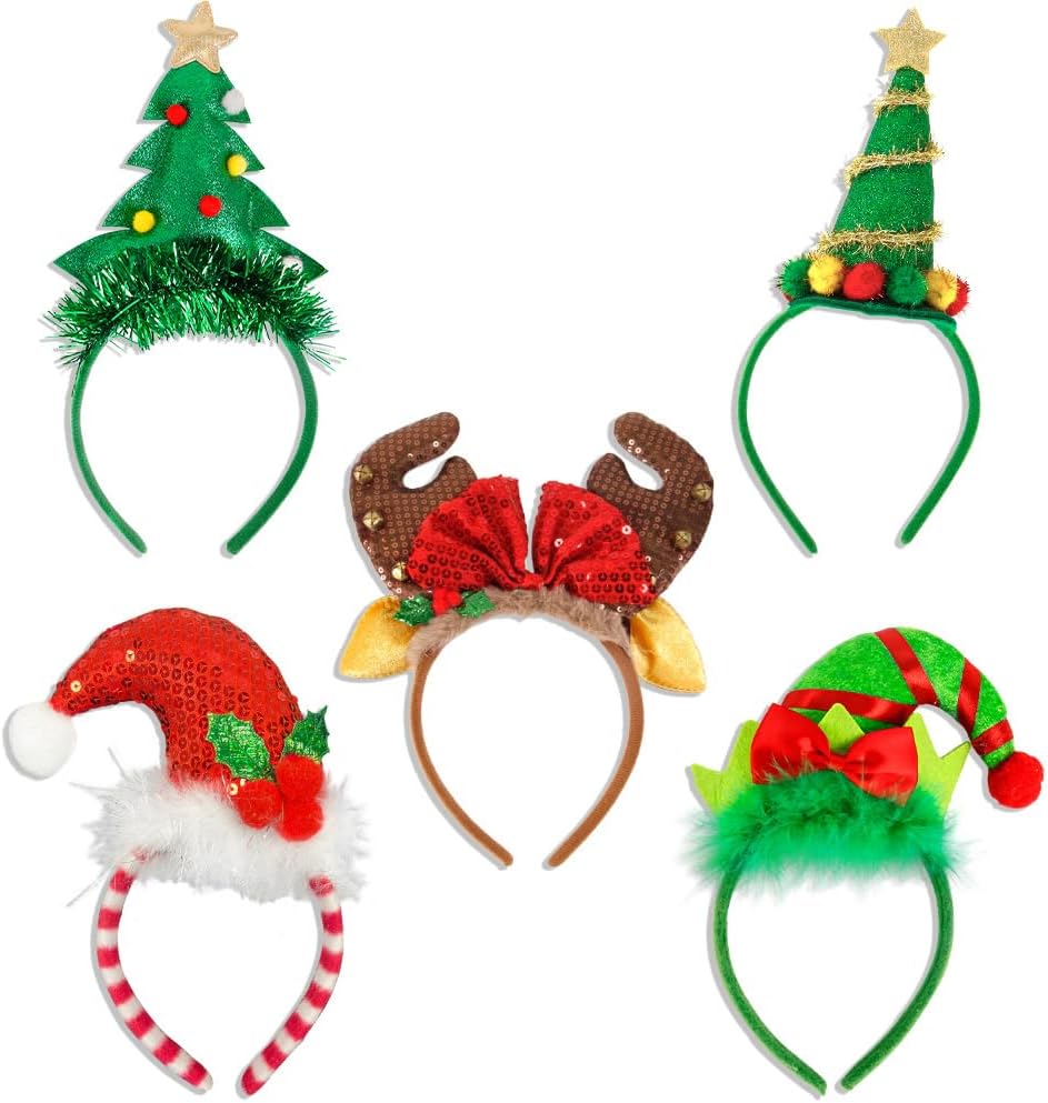 HOOTO 5 Pieces Christmas Headbands Xmas Headwear Reindeer Costume Hair Headband Christmas Xmas Tree Headband Assorted Styles for Christmas Party Accessories Style B
