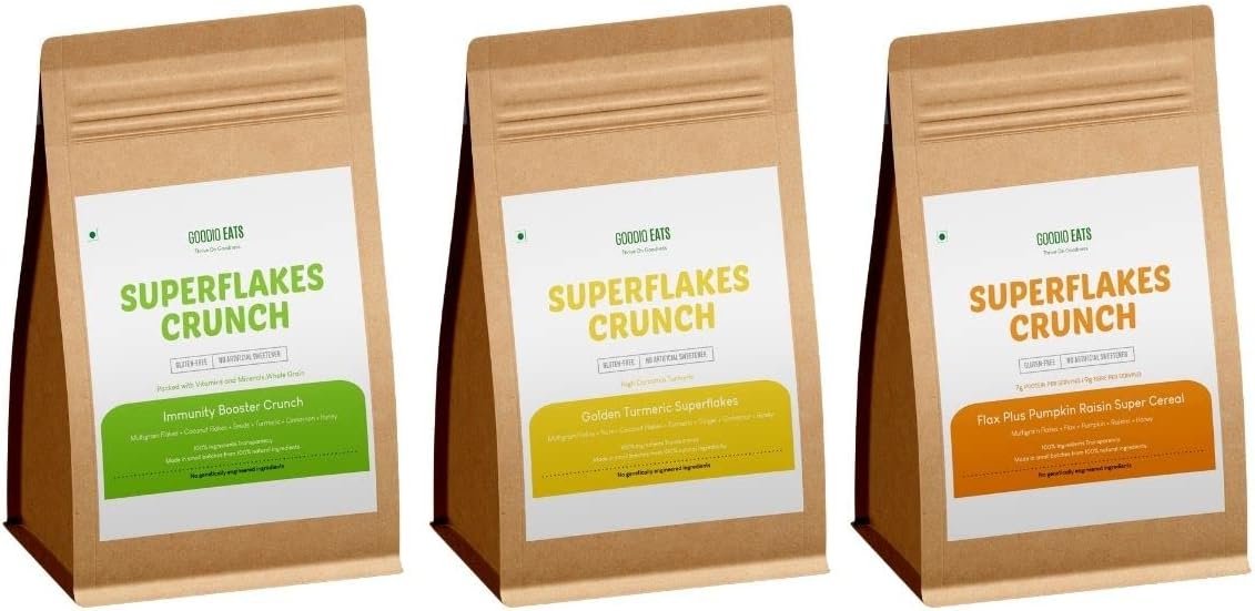 Goodio Eats � Thrive On Goodness Millet Flakes with Superfood | Immunity Boost, Golden Turmeric and Flax Plus Pumpkin Flakes Combo 3 x 200 gm