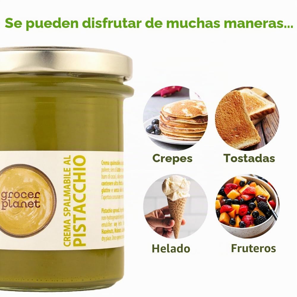 Grocer Planet - Crema de Pistacho (200g) | Con 45% Pistachos Mediterráneos | Sabor Dulce | Comida Italiana Gourmet | Ideal para Desayunos y Postres