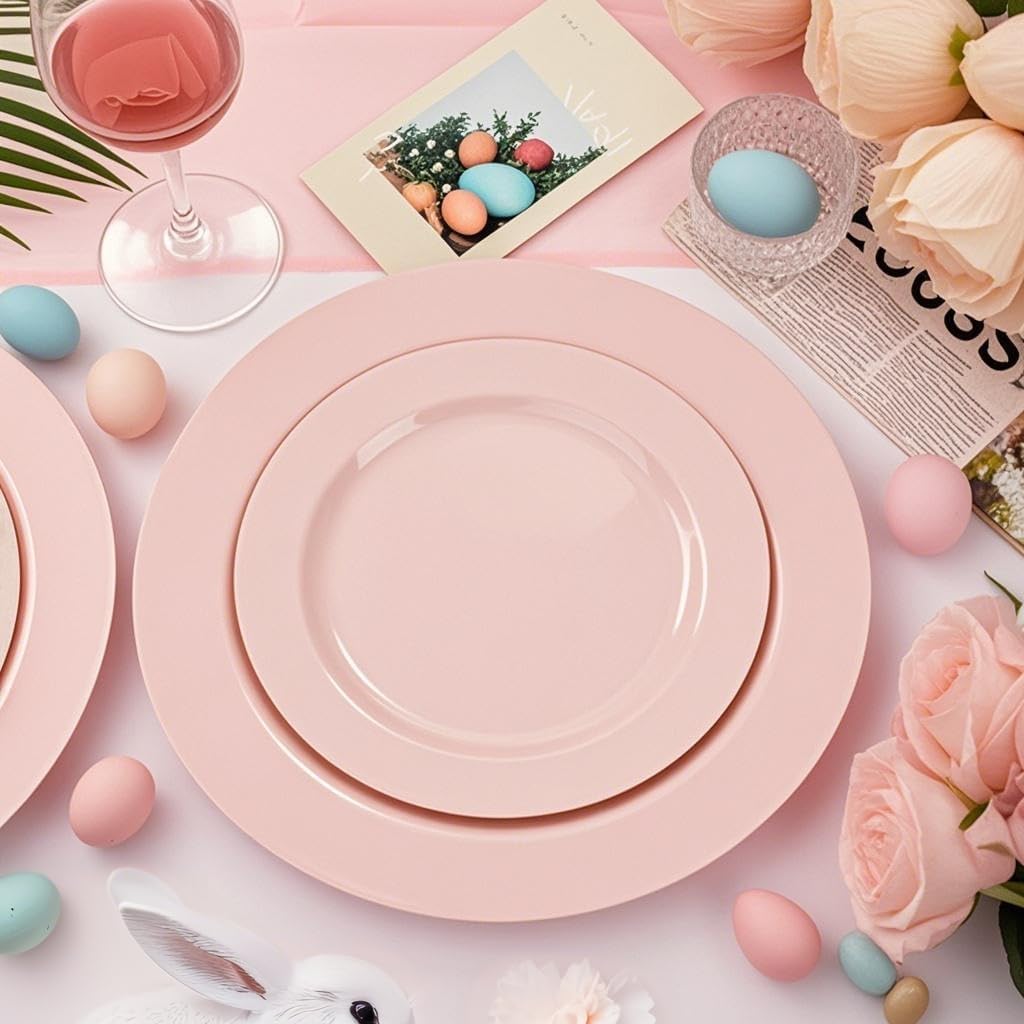 FLOWERCAT 100PCS Pink Plastic Plates - Heavy Duty Pink Party set Disposable serve for 50 guests -10 inch Dinner + 7 inch Dessert/Salad Plates for Easter,Birthday Party,Mother's Day - Image 9