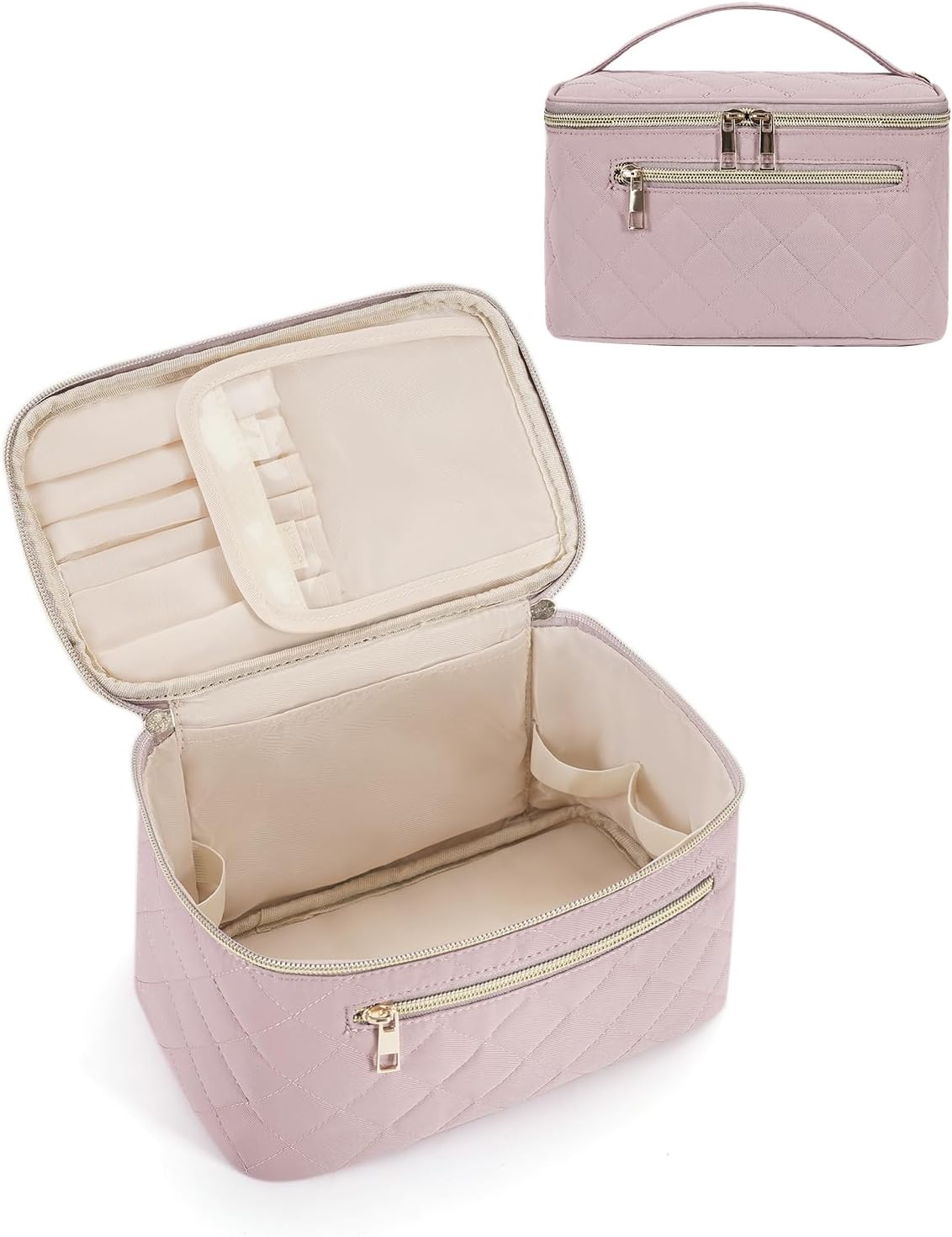 Wandering Nature Makeup Bag, Travel Make Up Organizer Cosmetic Brush Bags Case for Women in Quilted Fabric, Pink, Patent Pending