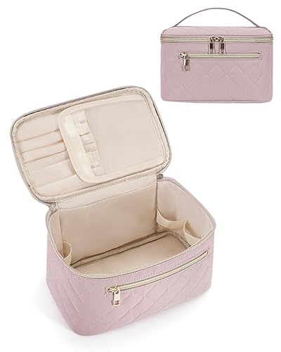 Wandering Nature Makeup Bag, Travel Make Up Organizer Cosmetic Brush Bags Case for Women in Quilted Fabric, Pink, Patent Pending - Pink Quilted Fabric - Medium