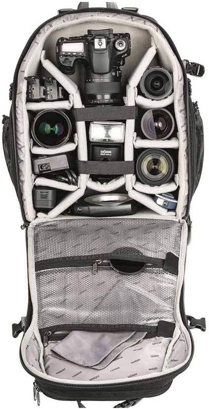 Open Dorr Travel Trolley Backpack showing internal padded compartments filled with camera gear