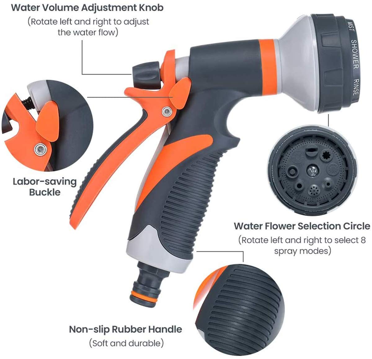 Pistola de Riego 8 Modos Pistola de Agua de Jardín de Ajustable pulverización Boquilla para Manguera con adaptadores para Lavado de Coches Baño de Mascotas Riego de Jardín/Césped