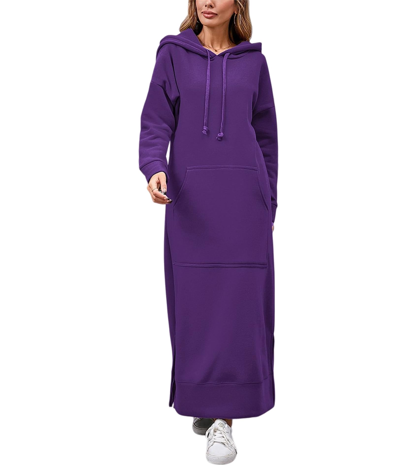 Damska bluza maxi, sukienka zimowa, jesień, luźna, jednokolorowa, z długim rękawem, polarowa, z kieszenią kangurką.