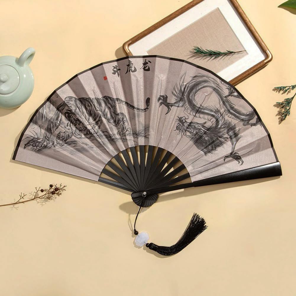 Folding Hand Fan,Handheld Foldable Vintage Black Chinese Japanese Style Fan with Tassels for Dance Music Festival Party (Loong & Tiger)