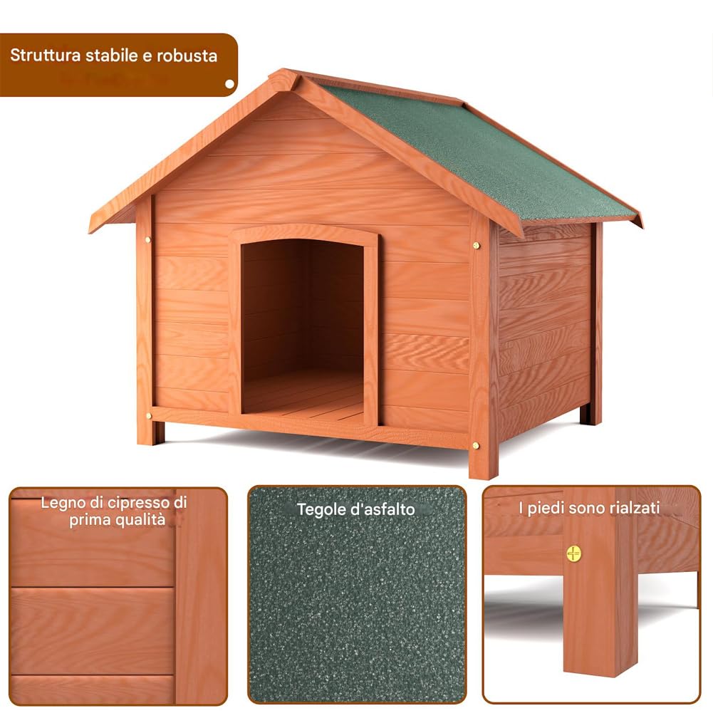 BAKAJI Cuccia per Animali Domestici in Legno, Casetta per Cani e Gatti con Tetto Spiovente Apribile, Casa da Esterno e Interno Resistente Intemperie e Agenti Atmosferici, Tettoia Asfaltata, 89x84x76cm