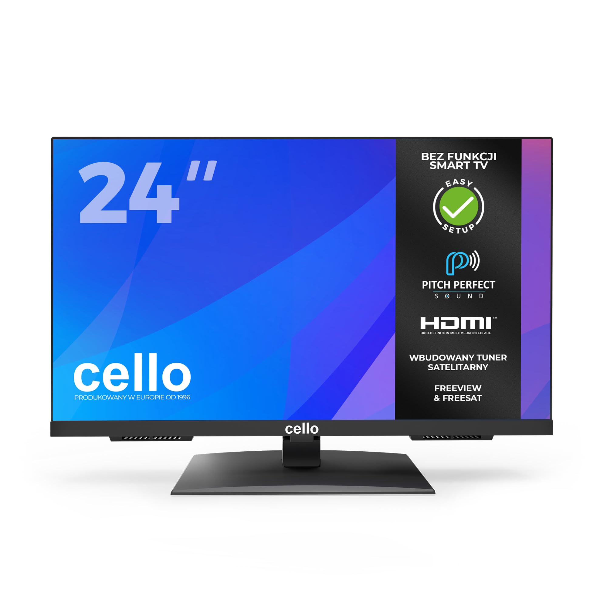 Cello C2424SH 24-calowy telewizor LED z DVB-T i satelitą, łatwa konfiguracja, 230 V, bez Smart TV, nagrywanie USB, doskonały dźwięk, idealny do małych pomieszczeń