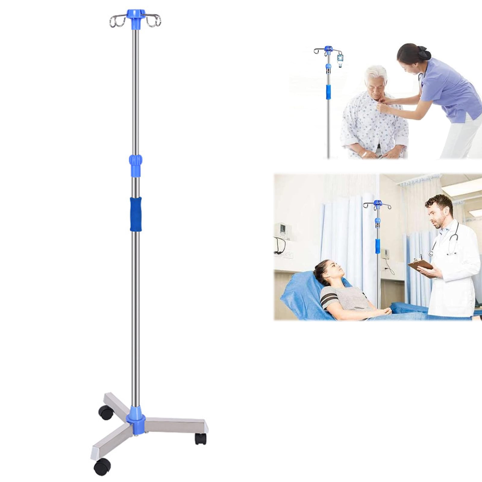 Asta Per Flebo con 4 Ganci e 3 Ruote Rimovibili,Portaflebo Portatile con Rotelle,Altezza Regolabile per l'assistenza Domiciliare Ospedaliera